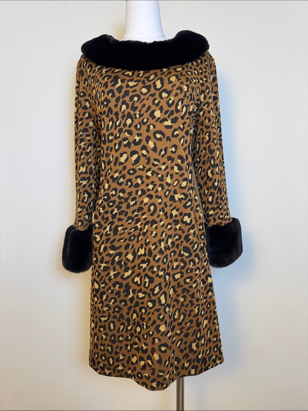 Tyler Boe Leopard Print Knit Dress Faux Fur Trim Collar Cuffs Brown XL